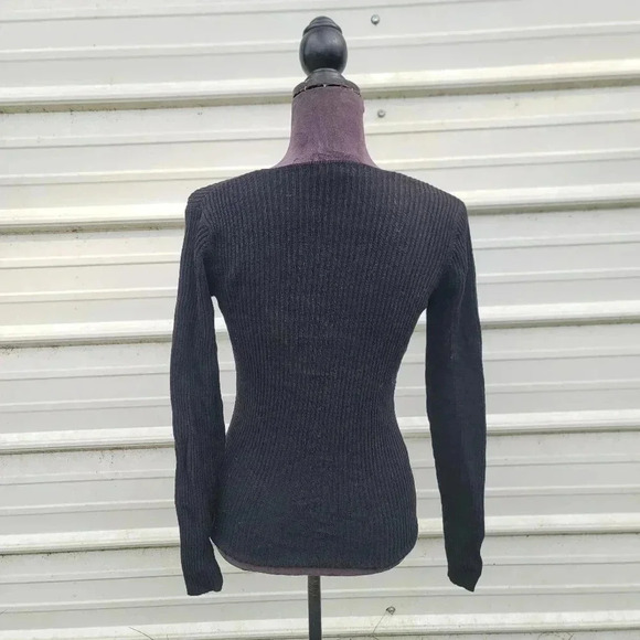 Banana Republic V-Neck 100% Merino Wool Ribbed Sweater Black Stretch Sz M - Picture 2 of 7